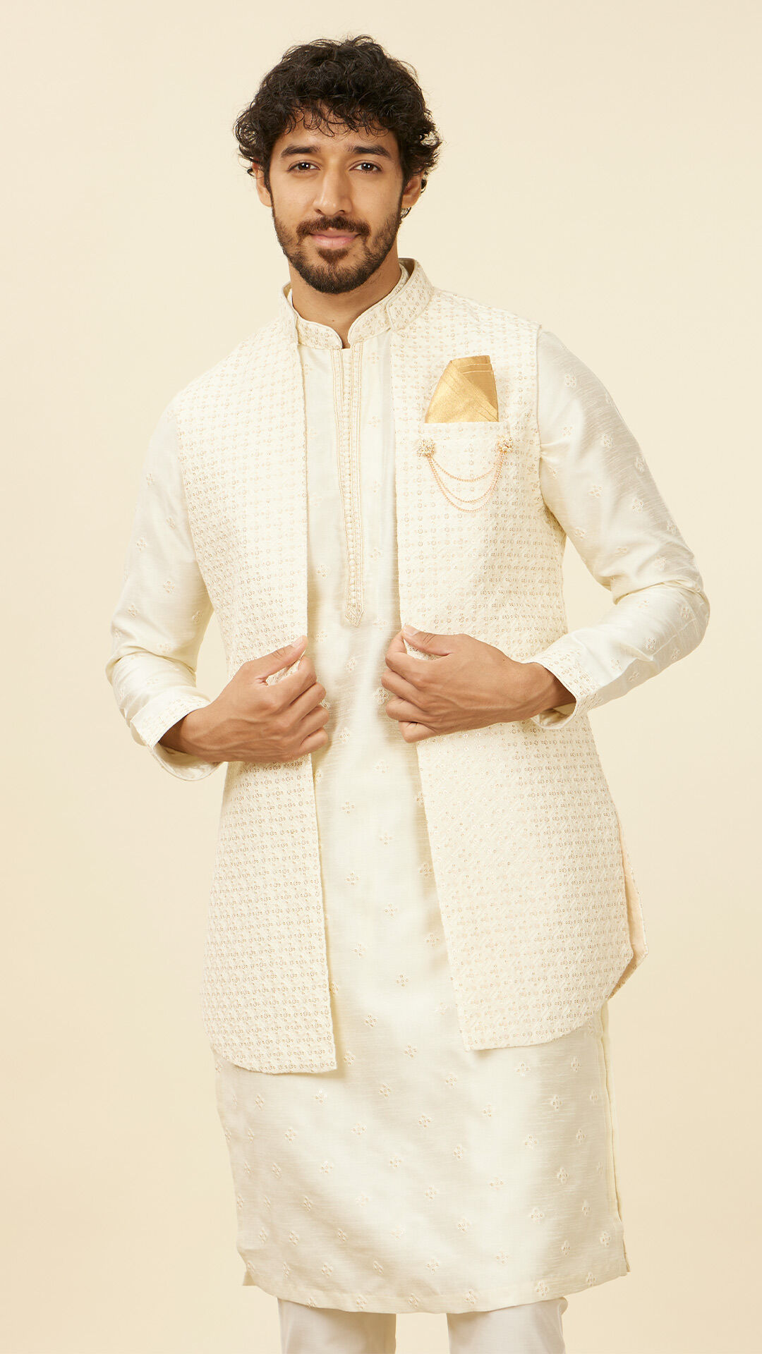  Man wearing Layering with cream floral jackets for wedding